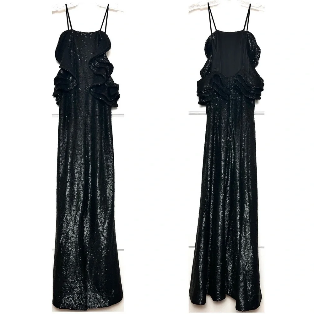 C/MEO Sequin Ruffle Halter‎ Square Neck Sleeveless Fit & Flare Slit Midi Dress S